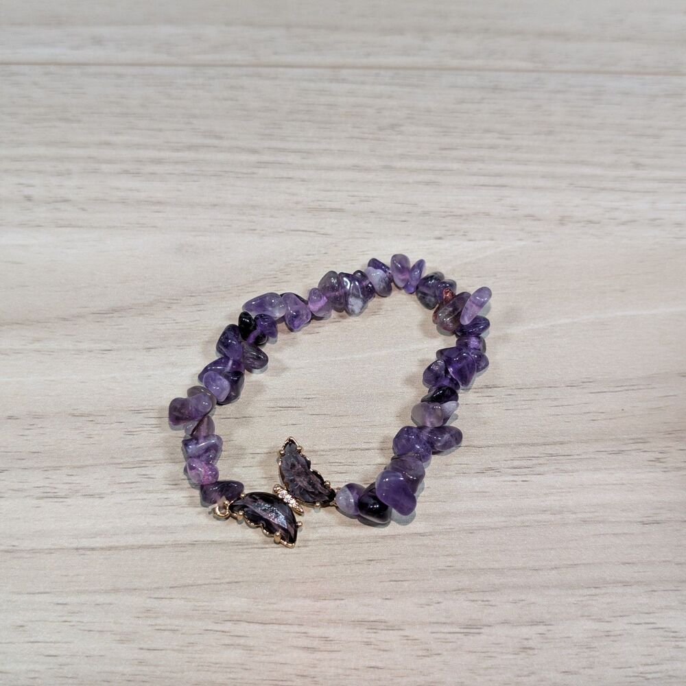Amethyst Chip Bracelet Stretch Purple Gemstone Butterfly Charm Women